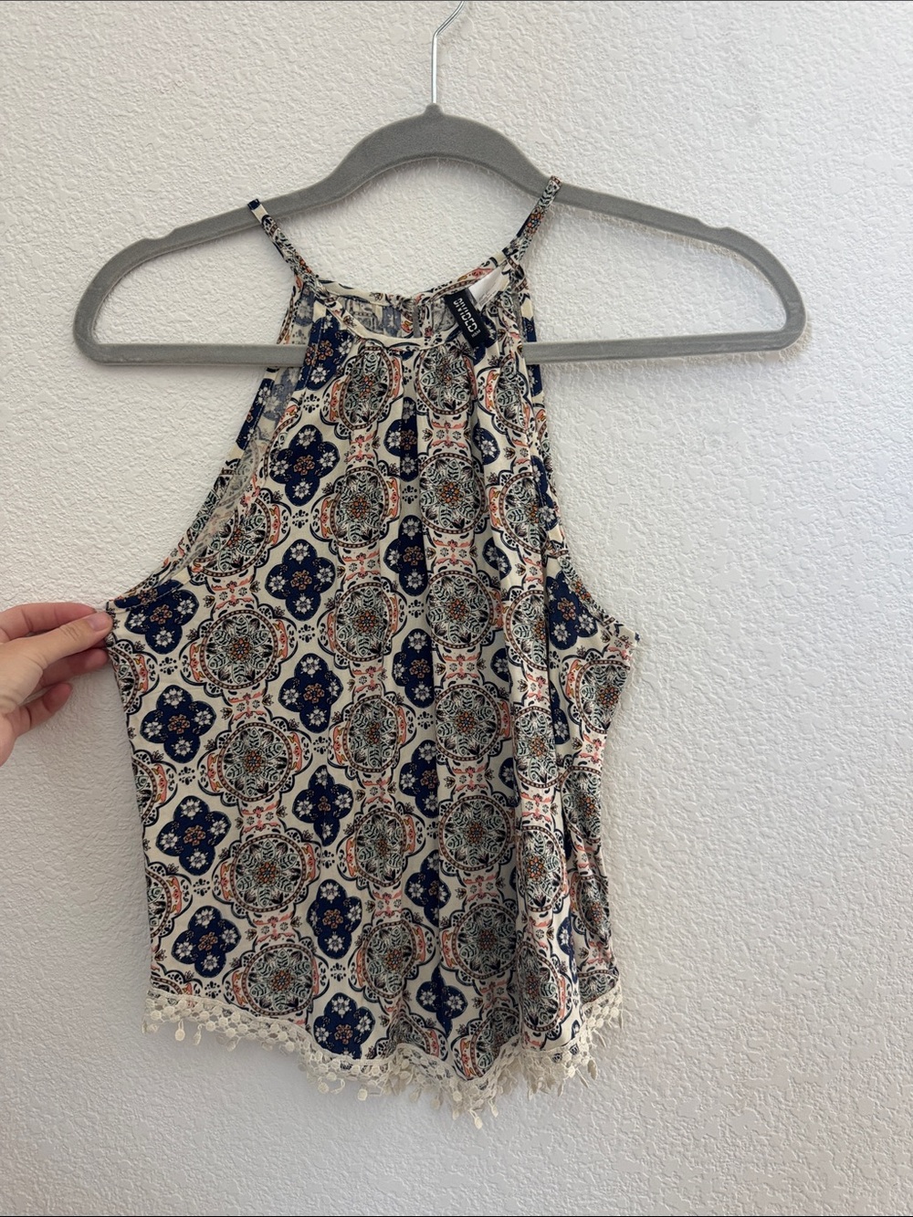 H&M Cream and Navy Medallion Halter Camisole with Lace Fringe